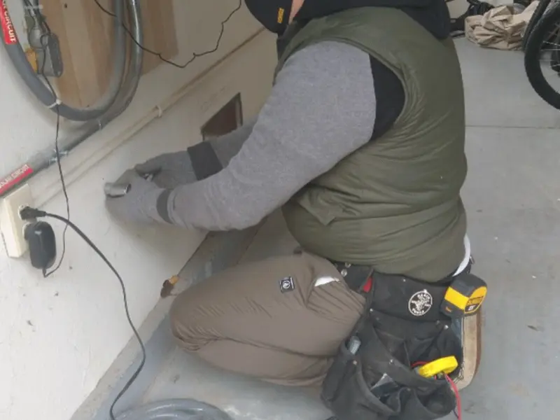 Electrician performing outlet wiring in a Ironwood garage